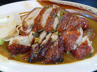 Close up of appetizing sliced roasted duck served on a plate with its sauce poured all over the meat