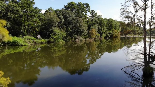 Drone flying through the trees in the San Jacinto River near Houston, Texas