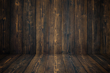 Grunge dark wood background wall and floor. wooden texture. surface, display backdrop, put product.