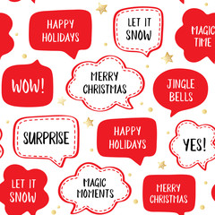 Seamless holiday pattern of vector red  speech bubbles with greetings: merry christmas, happy holiday, let it snow etc. Vector illustration with gold stars on white