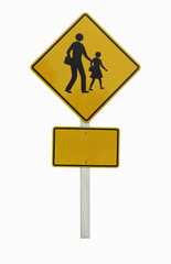 Traffic sign, school zone warning sign isolated on white background with clipping path. Awareness of transportation and travel concept.