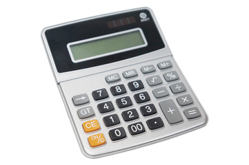 Silver and black calculator isolated on white background, close up, side view