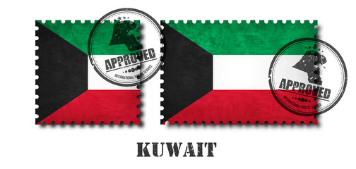 Kuwait flag pattern postage stamp with grunge old scratch texture and affix a seal on isolated background . Black color country name with abrasion . Square and rectangle shape . Vector