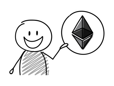 Hand drawn cryptocurrency icon - etherum with stickman. Vector.