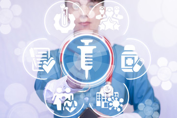 Doctor clicks a syringe button on a virtual panel. Injection vaccine pharmaceuticals healthcare...