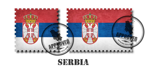 Obraz premium Serbia or serbian flag pattern postage stamp with grunge old scratch texture and affix a seal on isolated background . Black color country name with abrasion . Square and rectangle shape . Vector