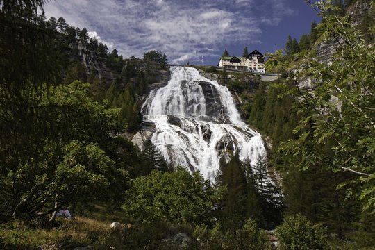 Panoramic view of the Toce waterfall in High Val Formazza in Piedmont, Italy
