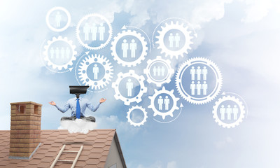 Concept of security and privacy protection with camera headed man meditating