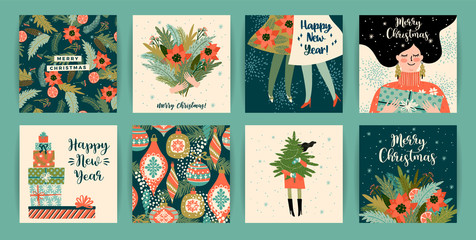 Christmas and Happy New Year templates. Trendy retro style.