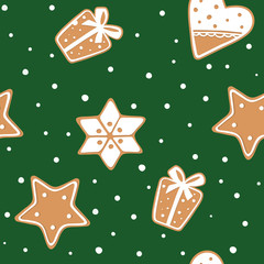 Seamless pattern of gingerbread cookies on green background. Xmas Stars, gift, hearts, snowflake. New Year's pattern with snow