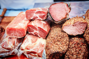 various tasty meat delicacy, bacon, sausages ham