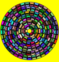 yellow background with abstract image of mandala consisting of lines and figures