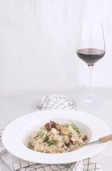 Mushroom risotto Traditional italian porcino rice Dish White background Checkered napkin Copy space