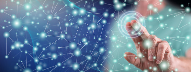 Man touching a virtual network