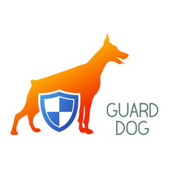 Logotipo GUARD DOG con doberman y escudo en azul y naranja