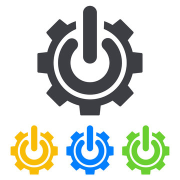 Icono plano engranaje con símbolo start en varios colores