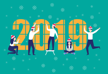 Business people preparing for New Year with Santa hats.Men and women building a numbers 2019, in flat modern style. Team work, get ready for Christmas.