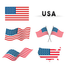 Set of USA Flag Vector illustration. Flags waving with America map isolated on white background.