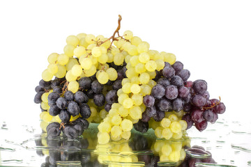 Bunches of black, pink and white grapes on a white mirror background in drops of water isolated...