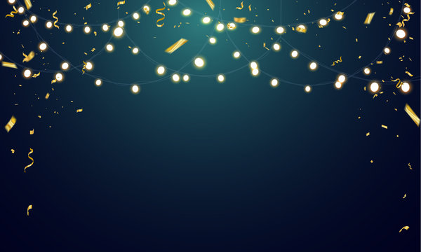 Celebration background template with confetti and gold ribbons. luxury greeting rich card. with gbeautiful various snowflakes,