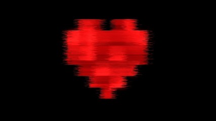 Fototapeta na wymiar A red heart symbol made of big pixel blocks, on a black background, with a heavy glitch damage effect. 