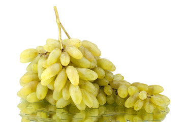 Bunch of white grapes on white mirror background in water drops isolated close up