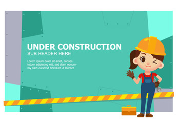 Vector illustration for under construction page, female worker, engineer character with hard helmet.