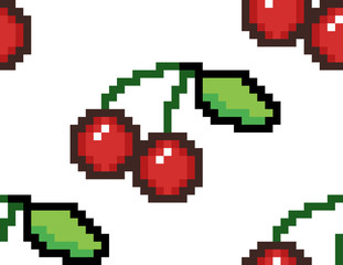 Obraz premium Pixel art repeatable seamless pattern: a pair of ripe red cherries, united by the stems, with a small leaf at the end. 