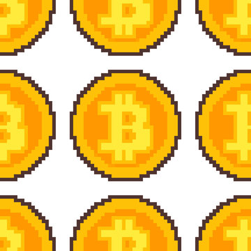 Pixel art repeatable seamless pattern: a golden physical bitcoin.
