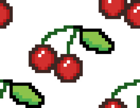Pixel art repeatable seamless pattern: a pair of ripe red cherries, united by the stems, with a small leaf at the end.
