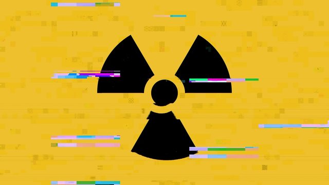 A radiation warning symbol (shown near radioactive materials i.e. nuclear plants, toxic waste dumps), with a heavy digital glitch and noise effect.
