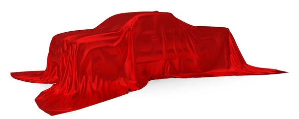red silk covered Pickup truck concept. 3d illustration - obrazy, fototapety, plakaty