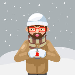 Geek hipster winter hot drink tea coffee young man cup flat design vector illustration