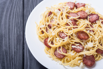 Pasta spaghetti with sausages