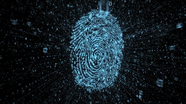 Digital fingerprint with streams of binary data illustrating concept of online security