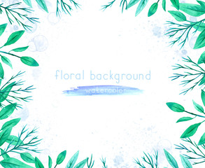 Watercolor background with green leaves and branches on a white background.
