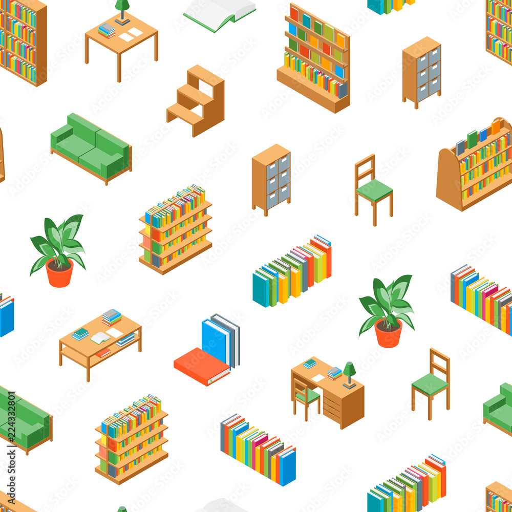 Poster furniture for library 3d seamless pattern background isometric view. vector
