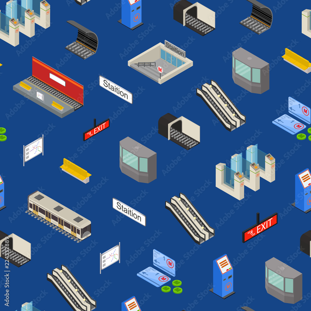 Poster metro station 3d seamless pattern background isometric view. vector