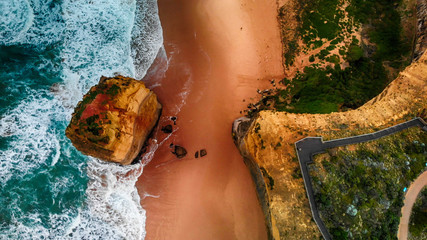 Aerial panoramic sunrise view of Twelve Apostles limestone stacks, Australia