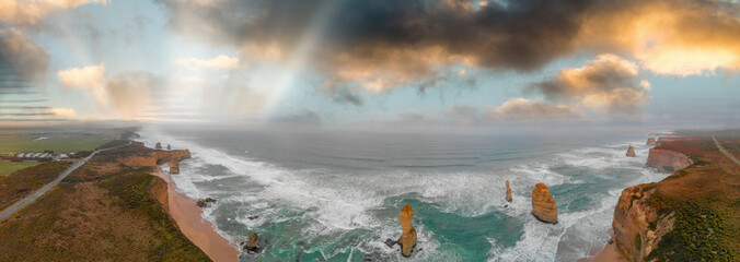 Panoramic aerial view of Twelve Apostles on a beautiful spring sunrise, Port Campbell National Park, Victoria - Australia