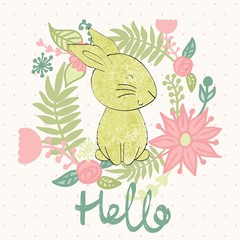 Card with cartoon cute bunny in bright colors.