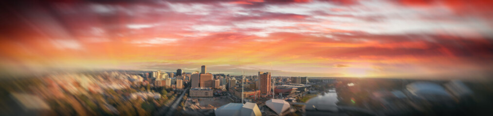 Fototapeta premium Stunning aerial panoramic view of Adelaide skyline at sunset, South Australia
