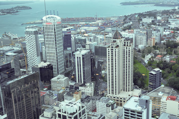 Aerial view of city skyscrapers at sunset, Auckland