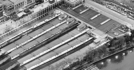 MELBOURNE, VICTORIA - SEPTEMBER 6, 2018: Flinders Street Station aerial view at night. Melbourne is the country's second most-populous city