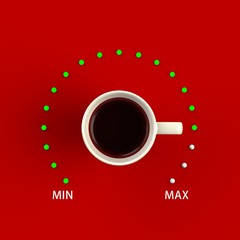 Top view of a cup of coffee in the form of volume control from minimum to maximum level isolated on red background, Coffee concept illustration, 3d rendering