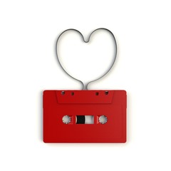 Close up of vintage red audio tape cassette concept illustration on white background, Top view with copy space, 3d rendering © krung99