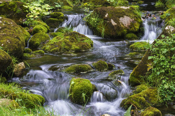 Mountain stream cascading over moss covered rocks wot long exposure motion blur