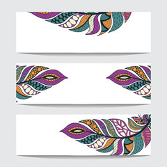 Colorful banner with hand-drawn feathers. Horizontal template with multi-colored feathers for flyer, invitation, card