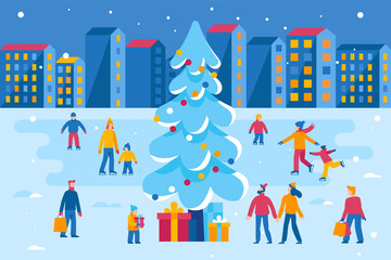 Vector illustration in flat simple style -  Christmas greeting card, banner, poster with people walking and skating outdoors in winter park