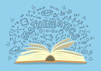 Mathematics. Open book with math doodles on blue background. Education vector illustration.